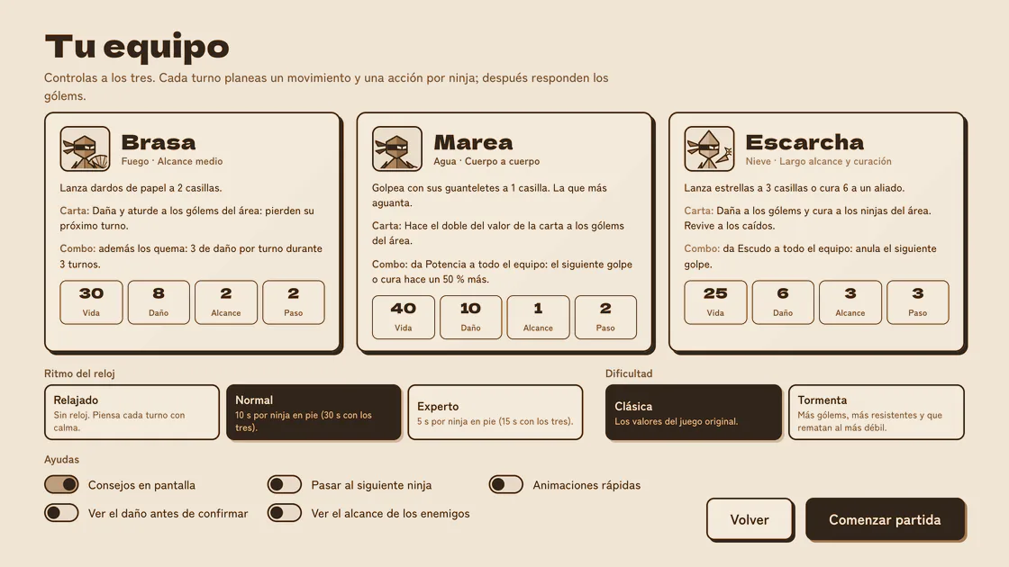 Pantalla «Tu equipo»: Brasa, Marea y Escarcha, cada uno con su carta y sus estadísticas