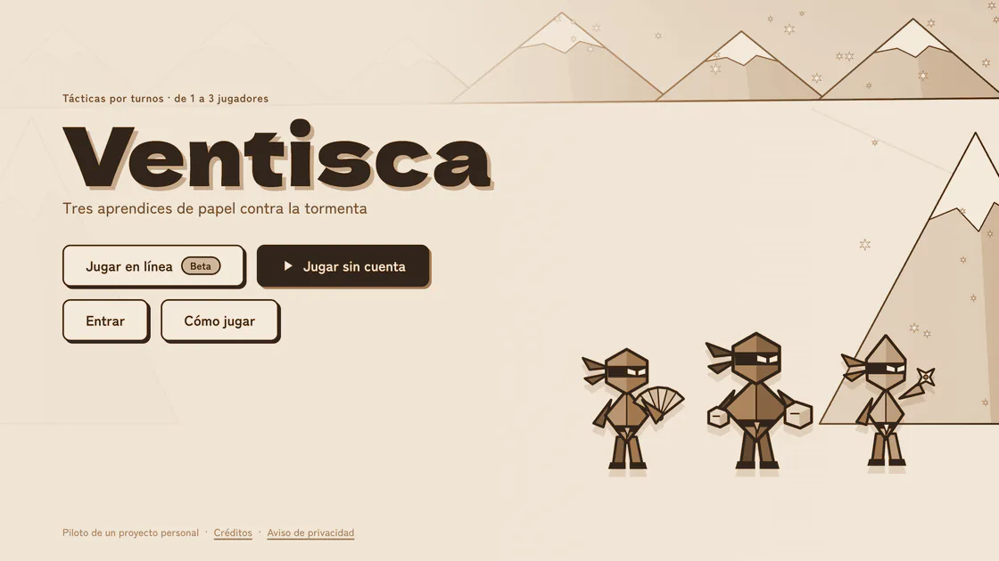 Portada de Ventisca: el título y los tres ninjas de papel frente a montañas nevadas